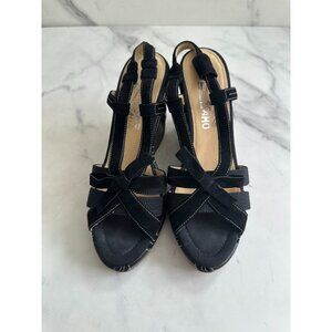 SALVATORE FERRAGAMO Black Leather Stitched Wedges Sandals SIze 7